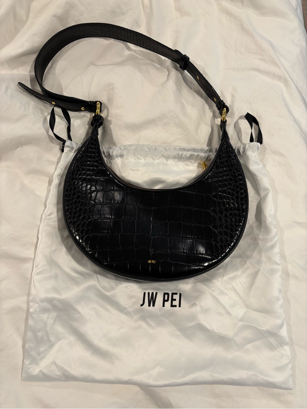 JW PEI Black Croc-Embossed Crescent Shoulder Bag with Gold Hardware